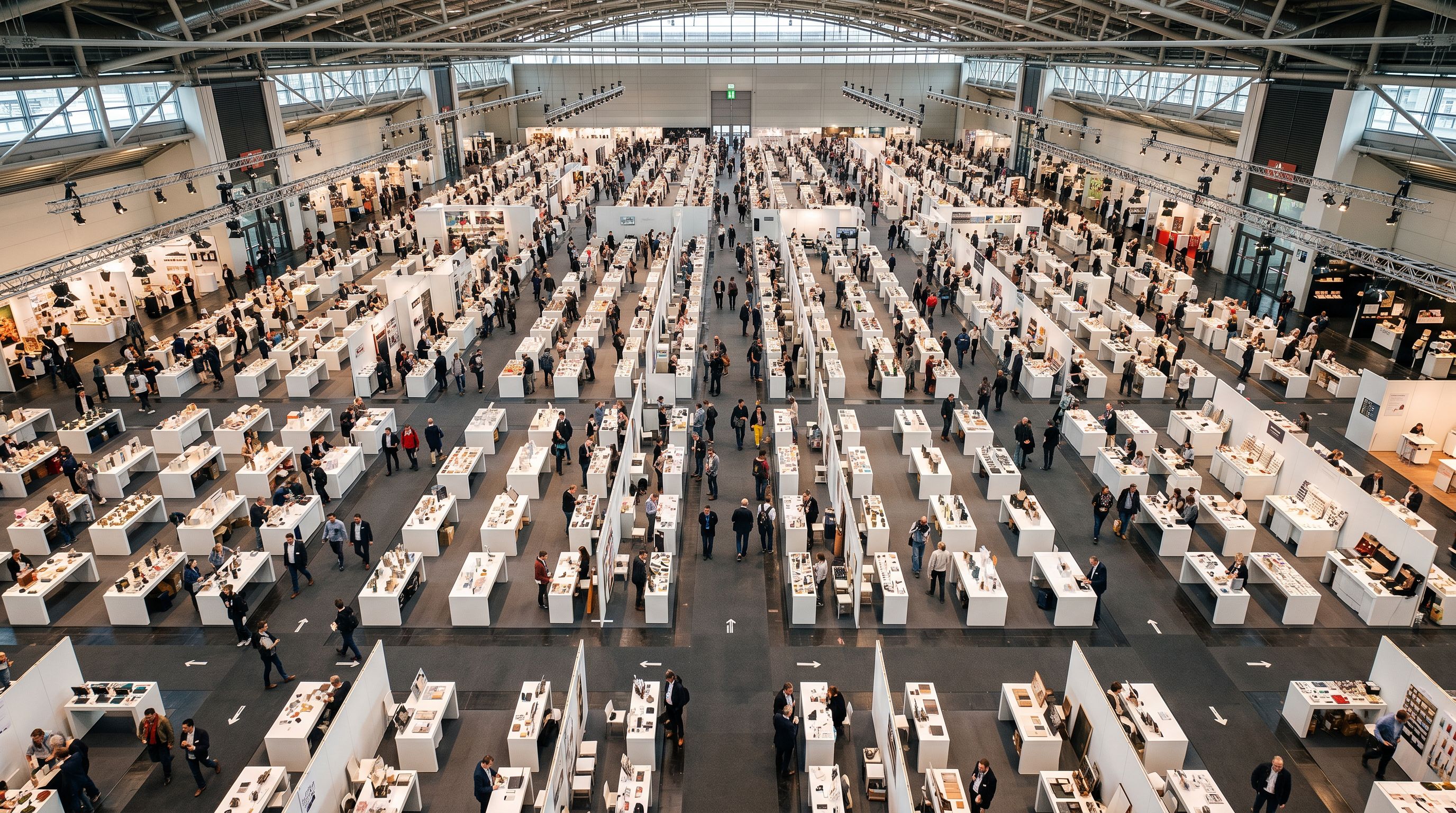 Aerial view of a trade fair exhibition hall with orderly rows of white merchandise display tables and buyers walking the aisles.