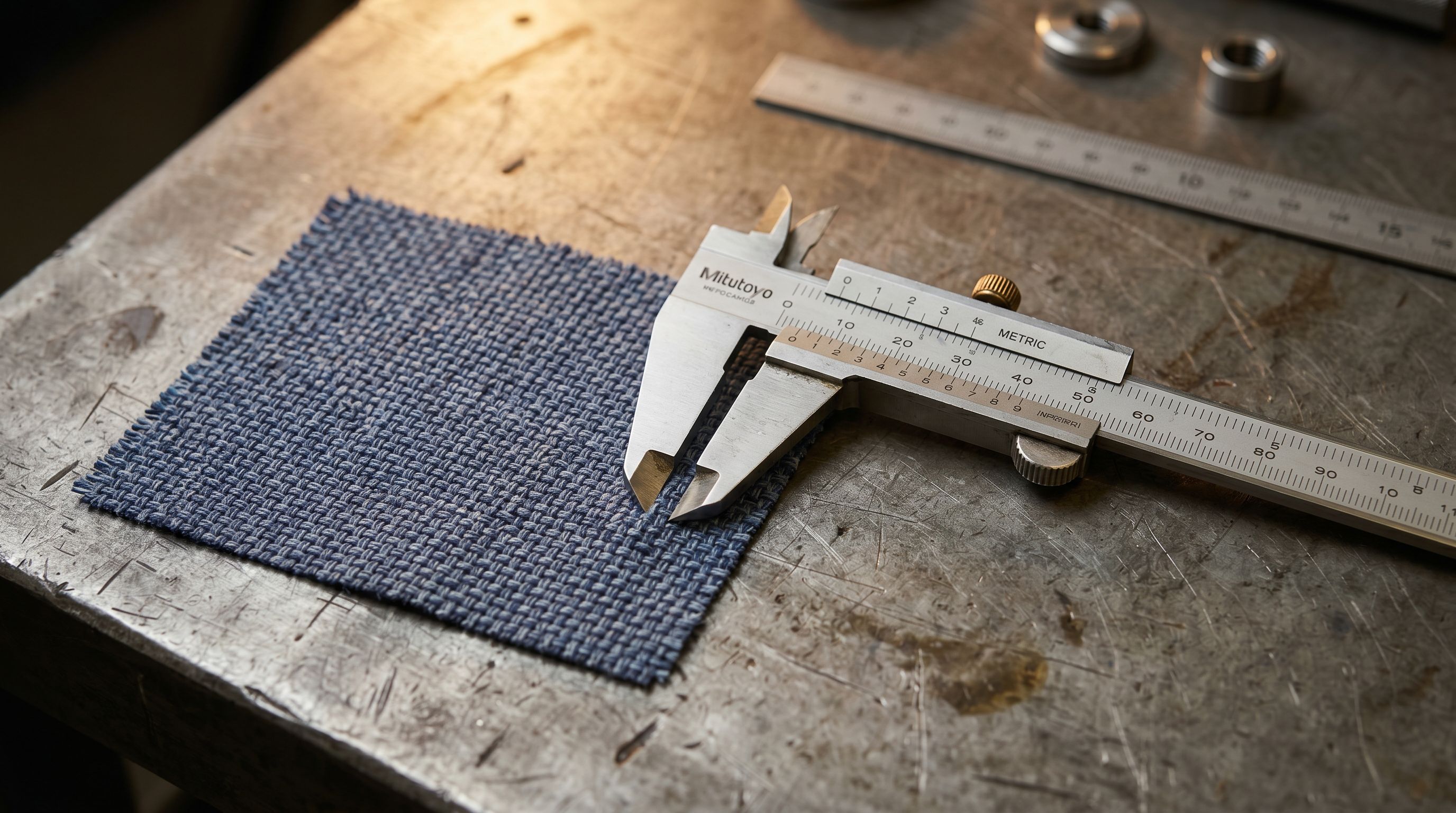 Steel engineering caliper measuring a fabric swatch on an industrial workbench surface.