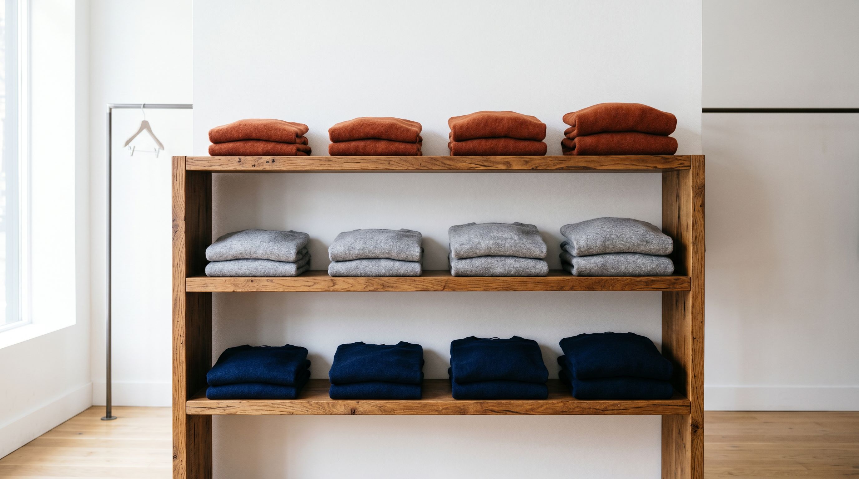 Retail sweater display organised by colour and size on wooden shelving fixture.