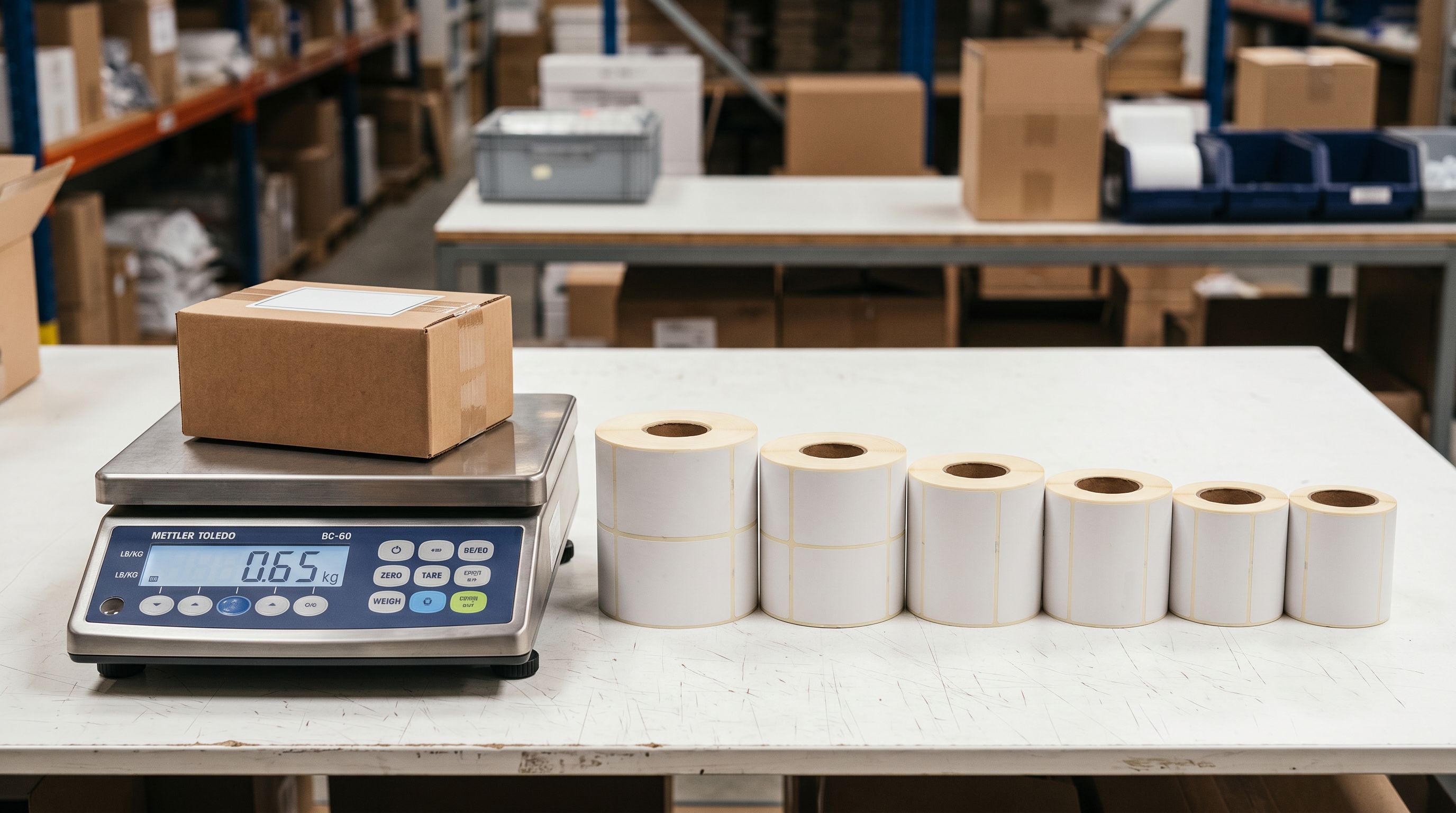 Commercial postal scale with product box next to a row of barcode label rolls.