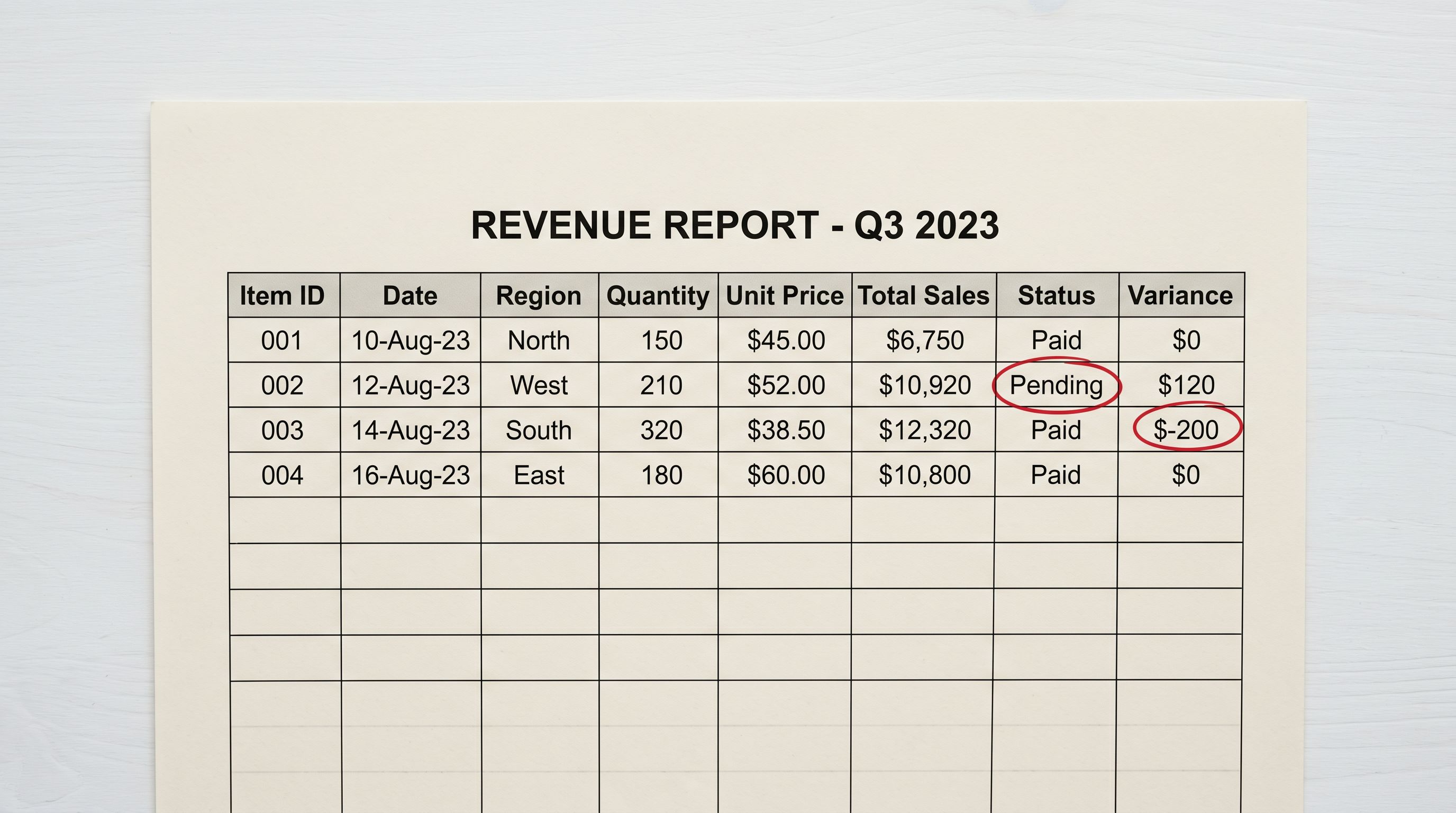 Printed product data table with highlighted columns showing format mismatches.