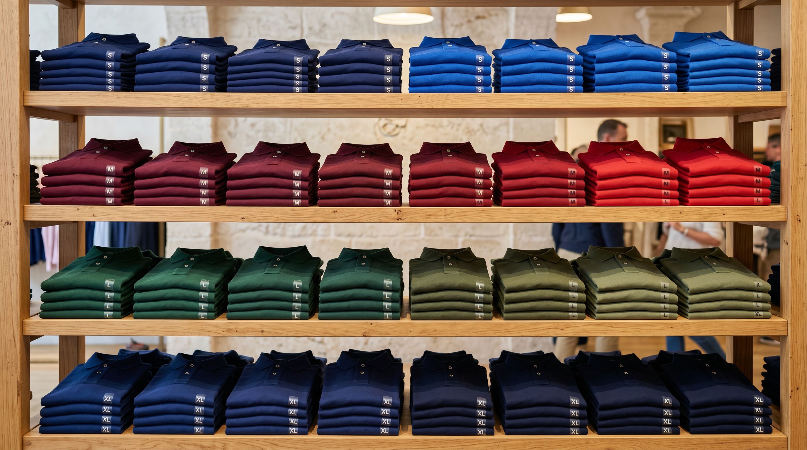 Neatly folded coloured polo shirts sorted by size on wooden retail shelving.