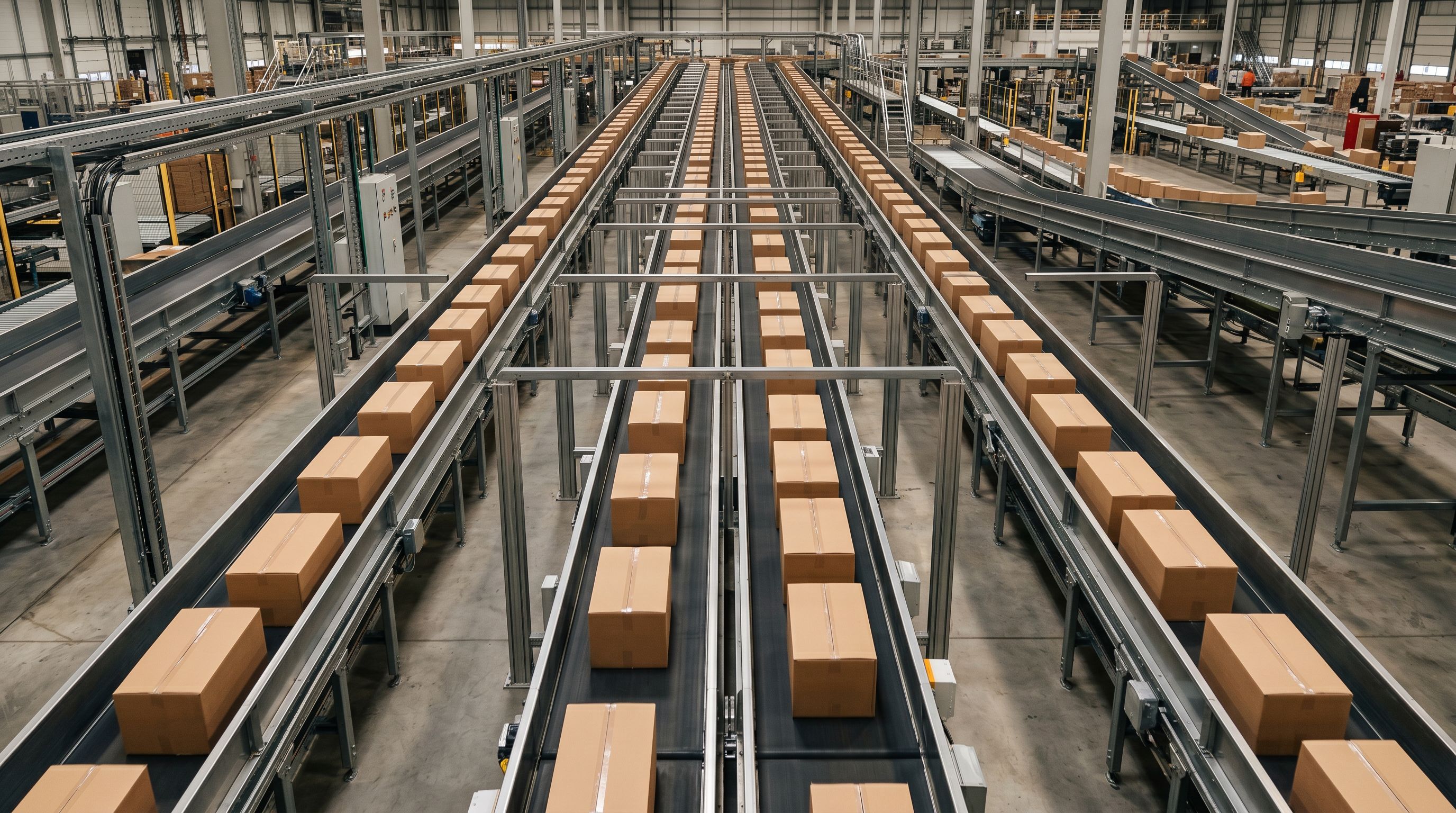 Overhead view of industrial parcels sorting conveyor belt with ordered cardboard boxes.