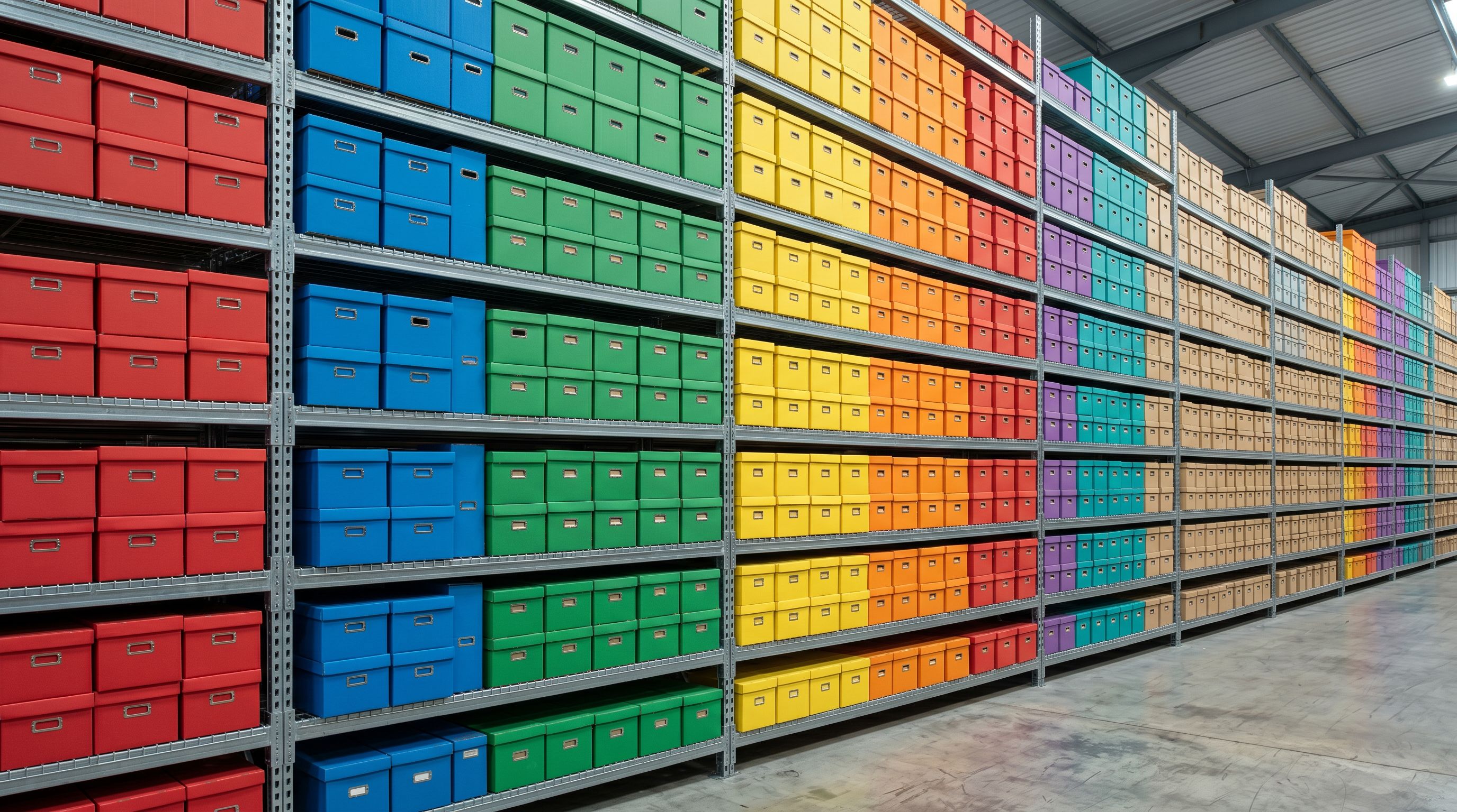 Colour-coded archive boxes on metal warehouse shelving sorted by product category.