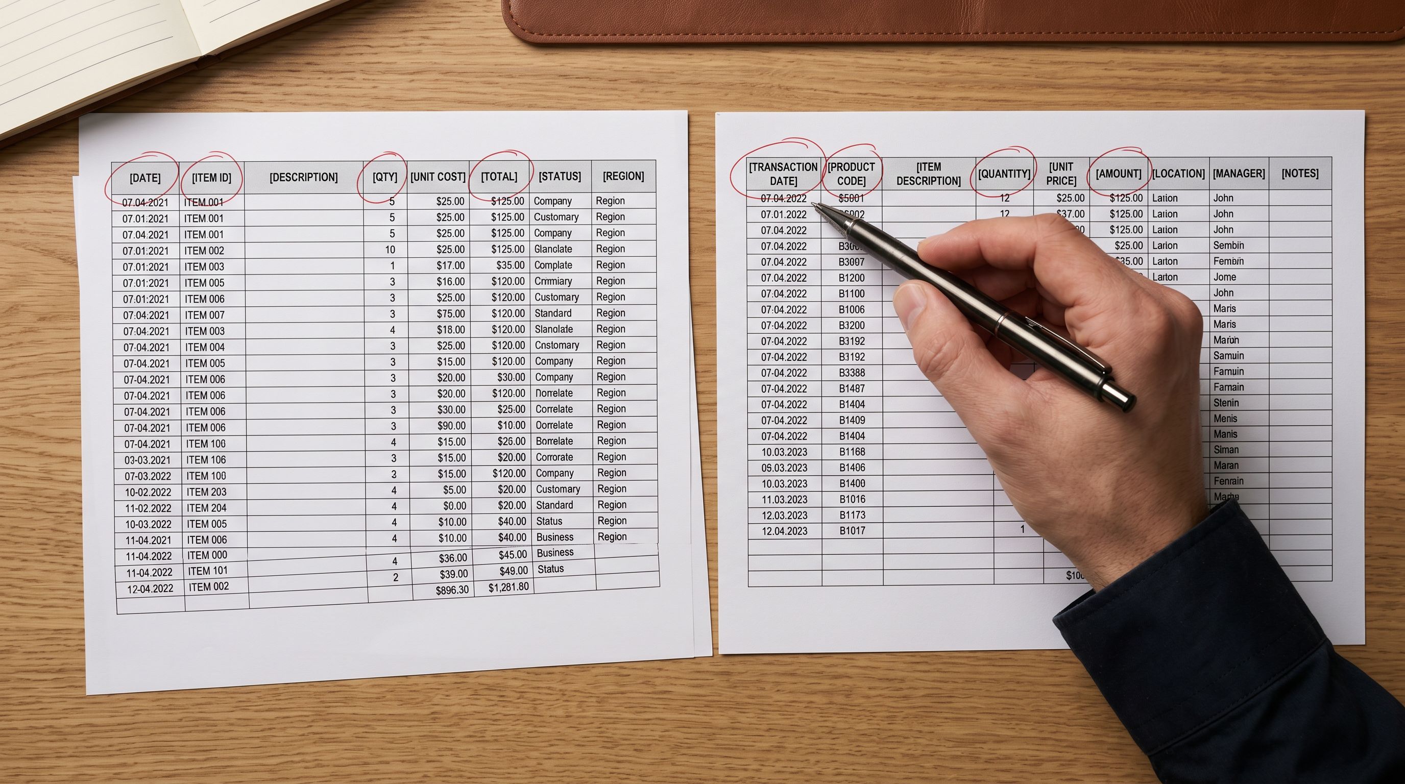 Printed Volusion product export CSV on a desk beside a Shopify column mapping screen, showing mismatched field names side by side.