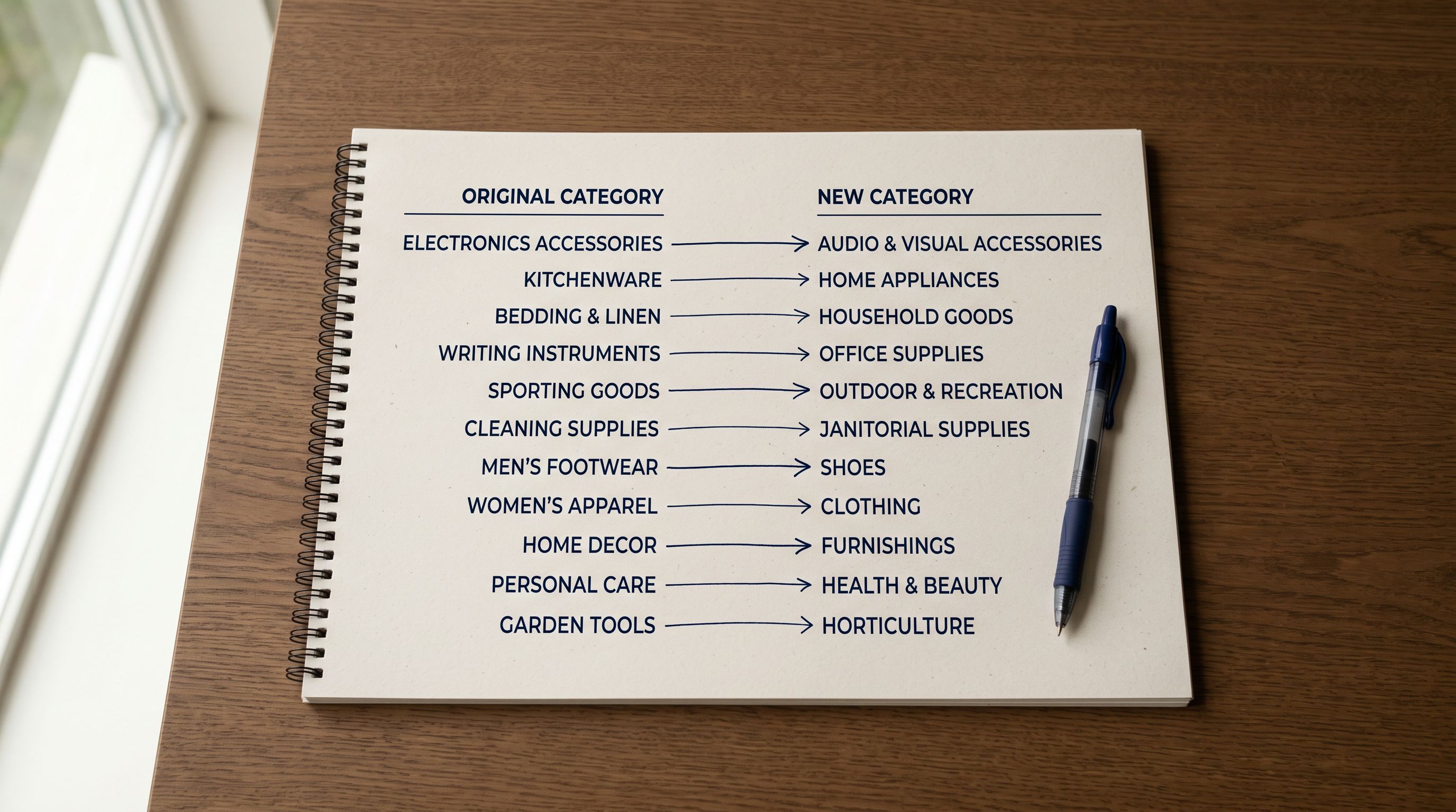 Printed taxonomy reference chart on a desk showing Volusion category tree on the left mapped to Shopify Standard Product Taxonomy paths on the right.