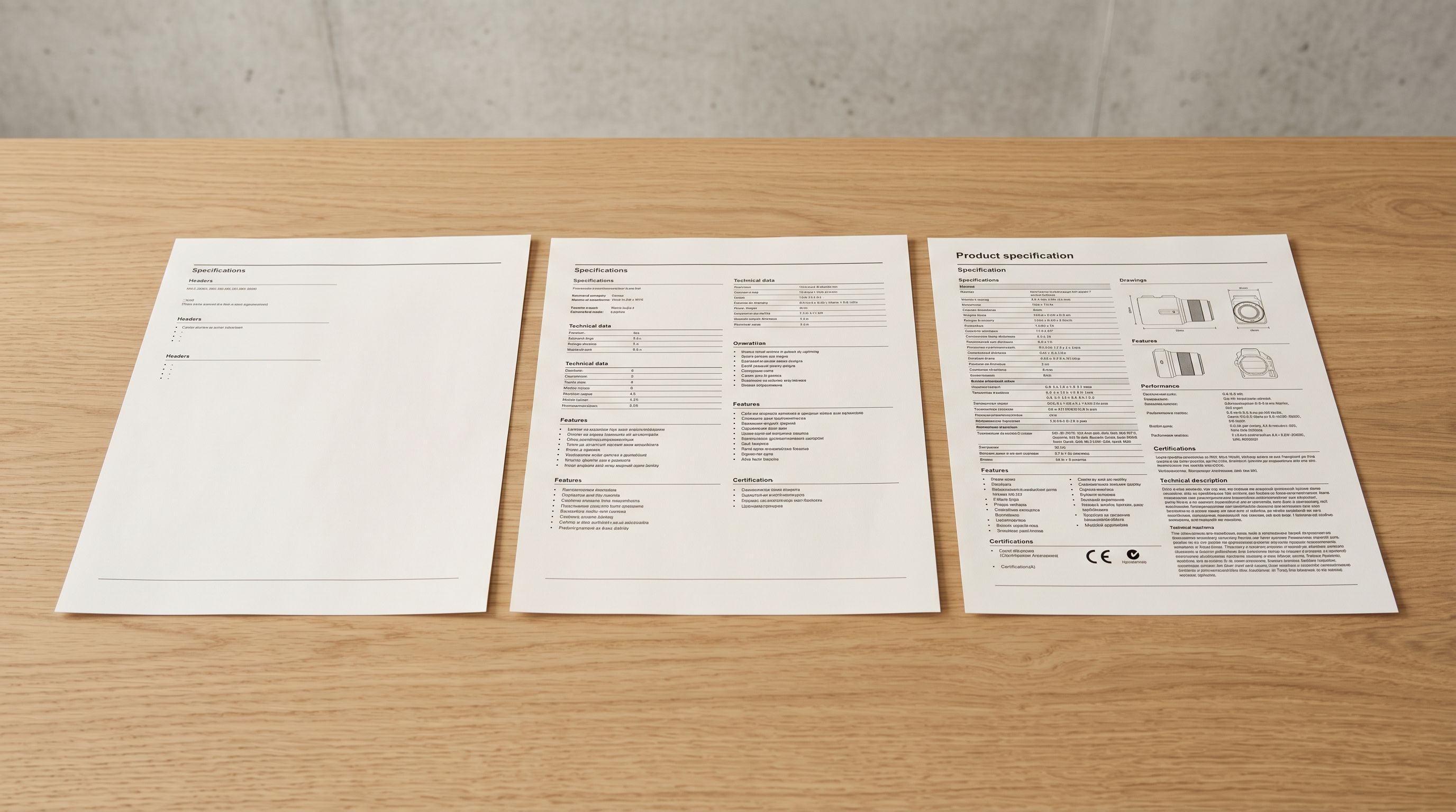 Printed before-and-after product description sheets on a desk, showing a short Volusion-era description on the left and a structured AI-generated Shopify description on the right.