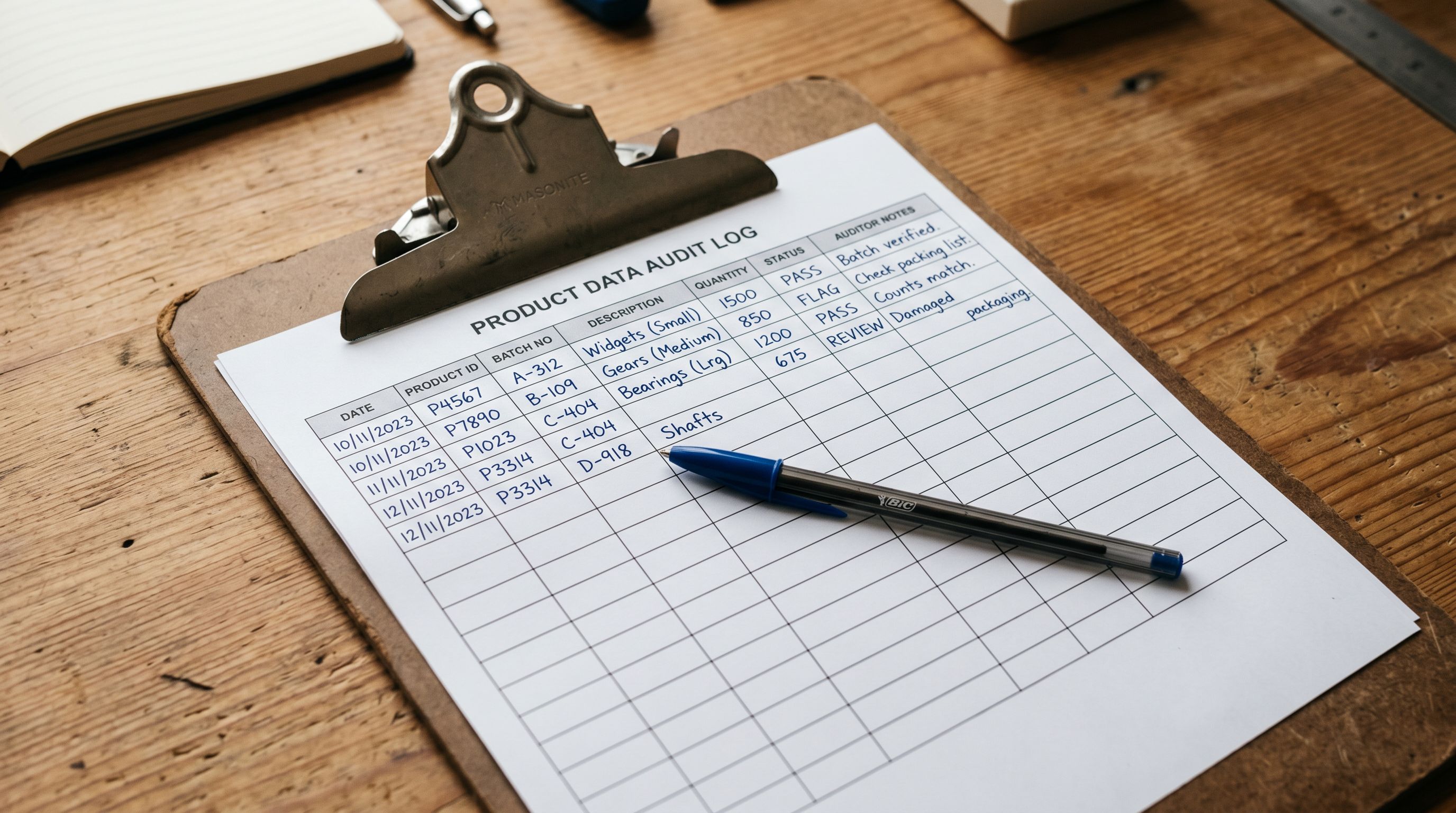 Printed product data enrichment report on a clipboard showing filled and blank fields for weight, HS code, and GTIN across a list of migrated products.