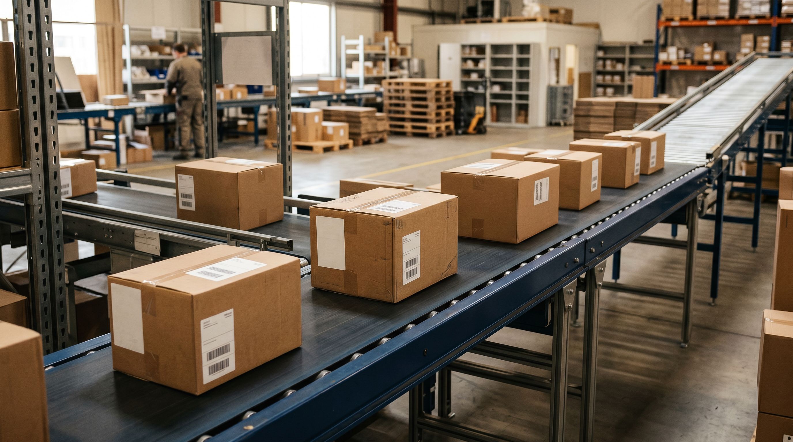 Labelled cardboard cartons moving along a warehouse conveyor belt through a systematic processing checkpoint.