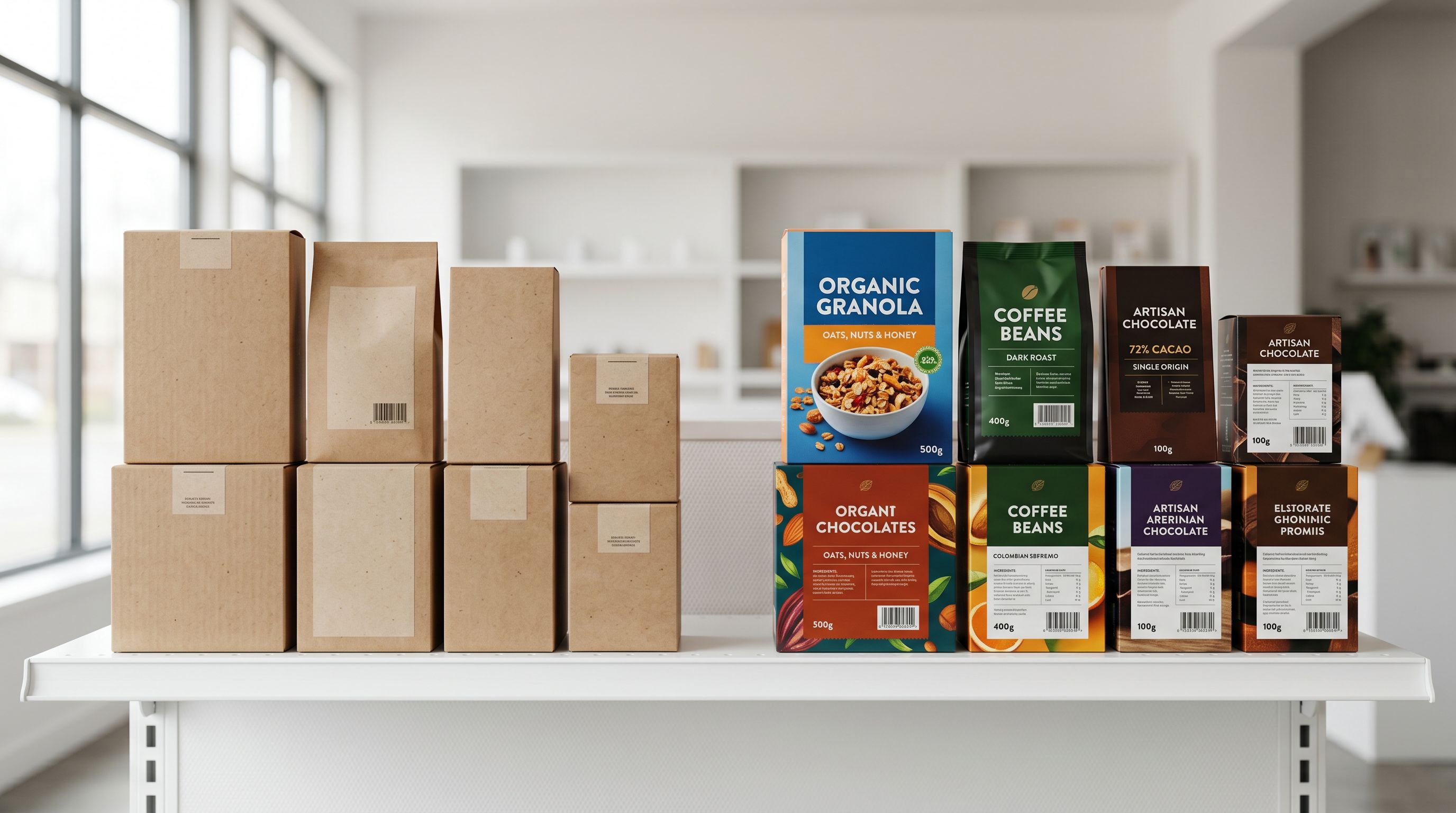 Plain kraft packaging and professional retail packaging side by side on a clean shelf, showing the difference in product presentation quality.