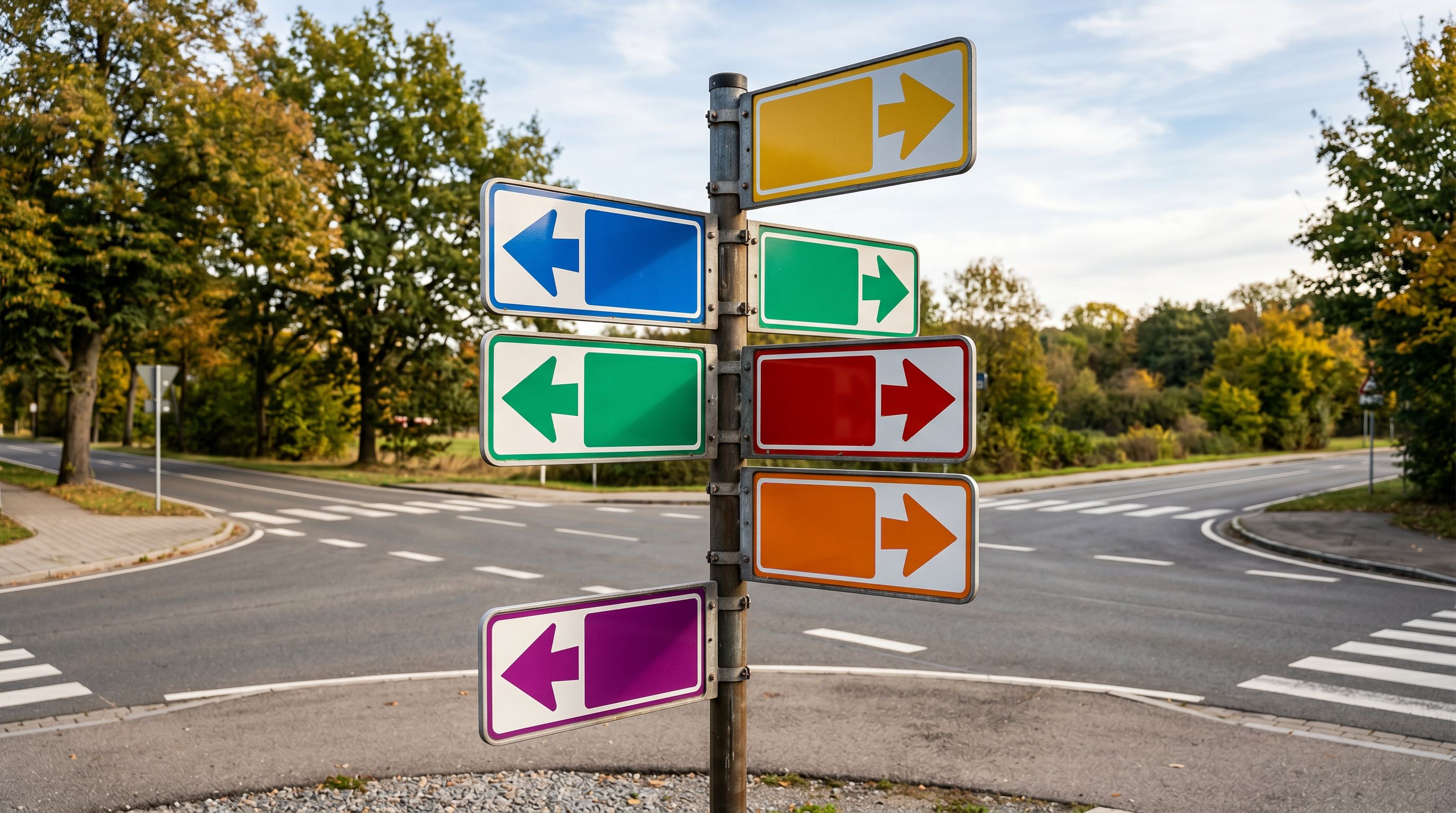 Directional road signs at an outdoor intersection with coloured arrow plaques pointing in multiple directions, representing URL redirect routing.