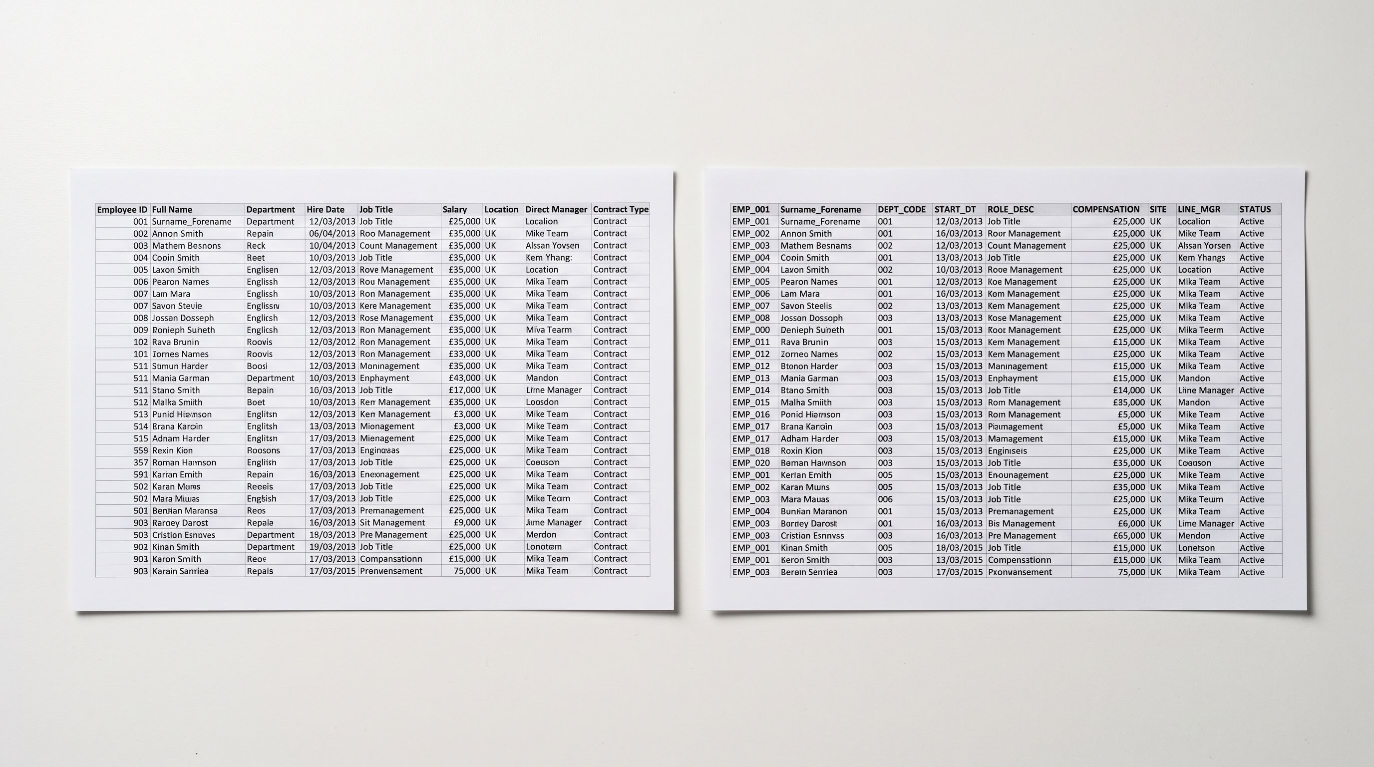 Two printed spreadsheet documents side by side on a white surface showing different column header naming conventions for product data fields