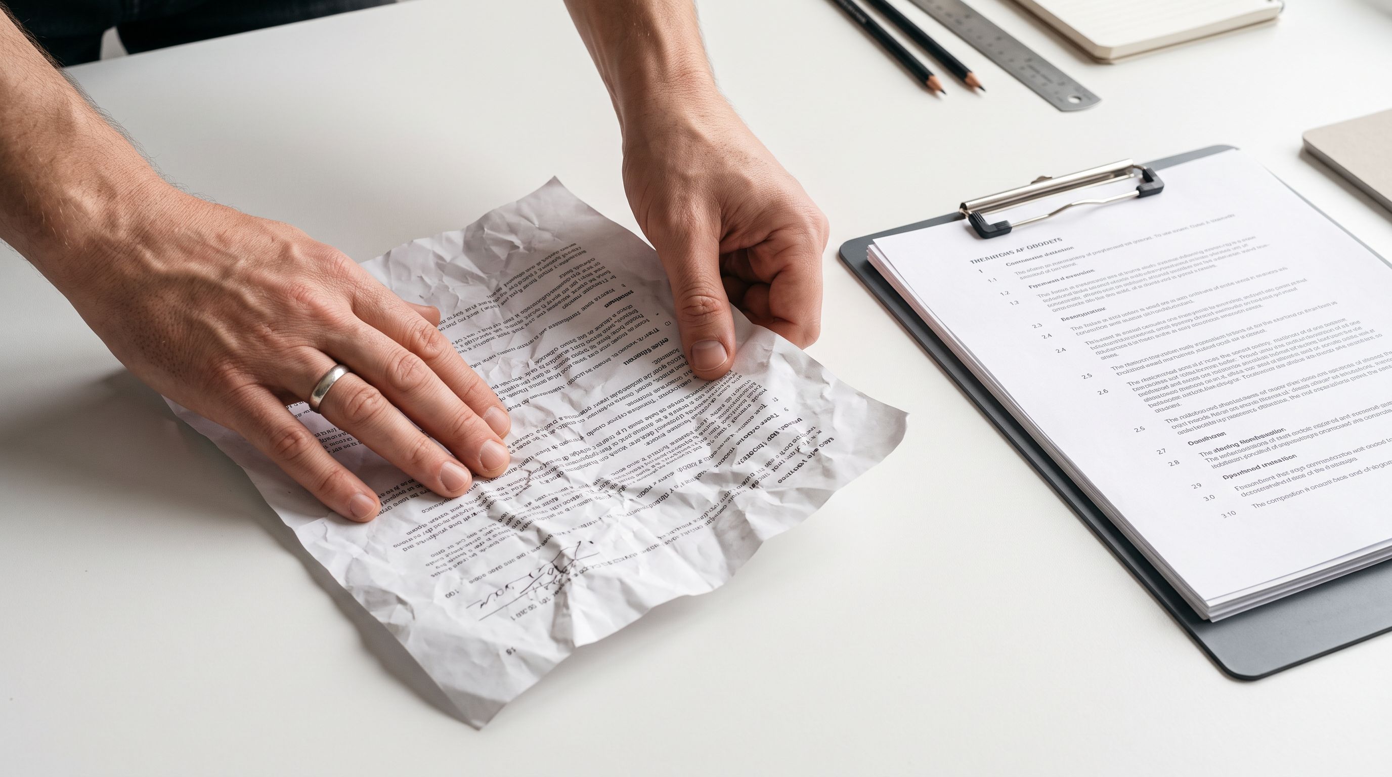 Hands unfolding a crumpled printed document on a white desk next to a clipboard of clean orderly printed pages