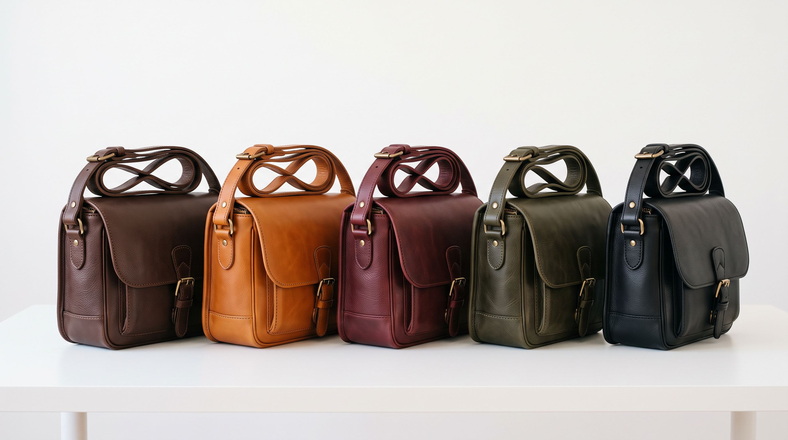 Five leather shoulder bags in tan, navy, black, burgundy and grey arranged in a neat row on a white surface showing product variants