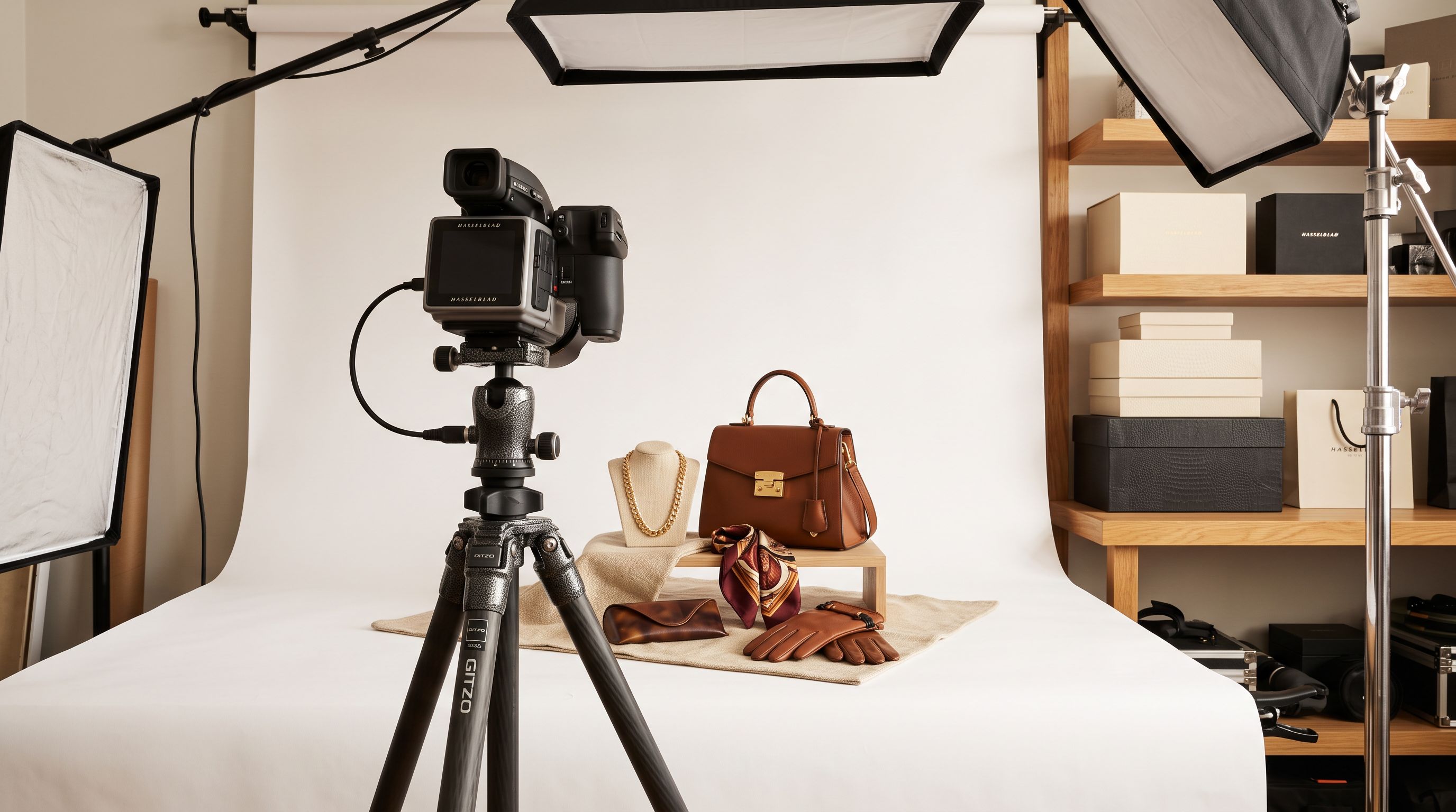 Camera on a tripod photographing fashion accessories on a white seamless studio backdrop with product boxes visible on a nearby shelf, representing product photography workflow for ecommerce migration