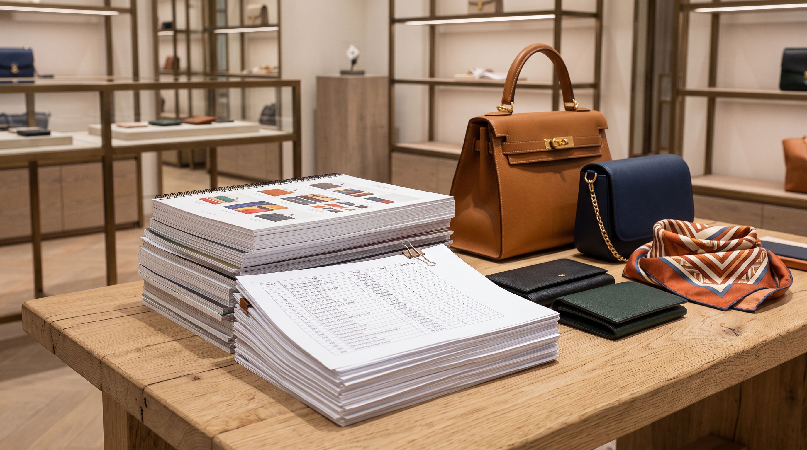 Stack of wholesale product catalogues and printed inventory sheets alongside leather handbags and scarves on a light wooden retail surface