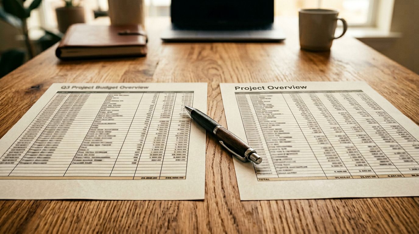 Two printed spreadsheet documents side by side on a wooden desk, column headers visible but text blurred, a pen resting between them.