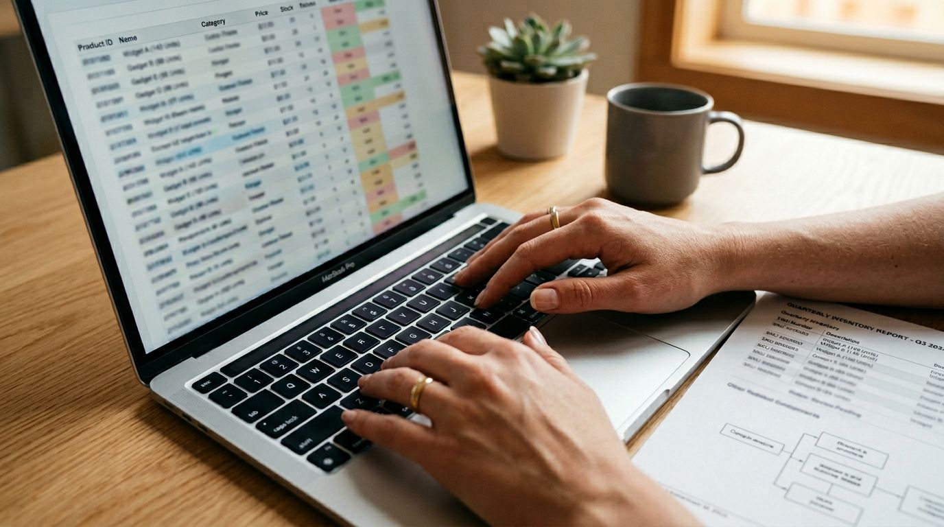 Close-up of hands typing on a laptop keyboard with a data table visible on screen and a printed document beside it on a desk.