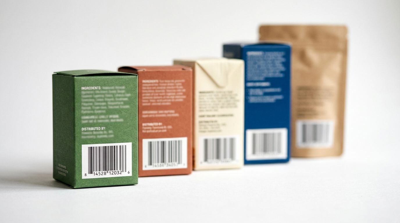 Several product packages arranged on a white surface, each with a barcode label visible, text on labels blurred, soft studio lighting from above.