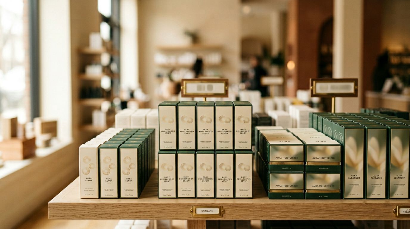Tidy retail shelf with rows of neatly organised product boxes in matching packaging, small category placards between sections with text blurred, warm editorial lighting.